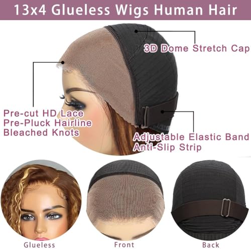 QNQZ Wear and Go Glueless Wigs Human Hair Pre Plucked Pre Cut Ombre Highlight Curly Wig Human Hair for Women 180% Density 13x4 HD Lace Front Wigs Human Hair 3S Ready to Wear for Beginners 16 Inch