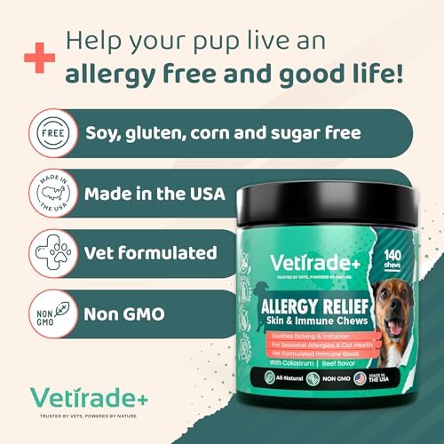 140 Dog Allergy Relief Chews with Colostrum, Vitamin C, & Bee Pollen - Vet-Formulated Dog Allergy Chews for Itchy Skin, Hot Spots, Irritation, & Gut Health