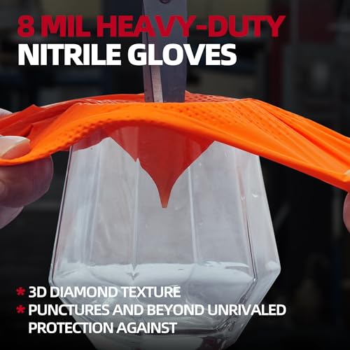 Jointown Basic Heavy Duty Nitrile Gloves Mechanic Gloves, Orange 8 Mil Nitrile Disposable Gloves Medium with Raised Diamond Texture, Latex Free, Powder Free Industrial Automotive Gloves Box of 100
