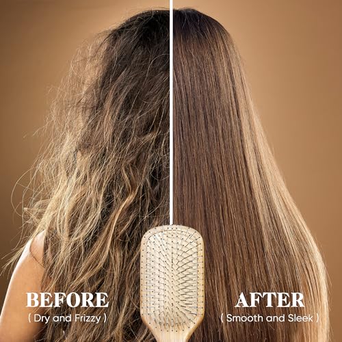 BFWood Bamboo Hair Brush with Steel Bristles, Help Hair Growth and Massaging Scalp