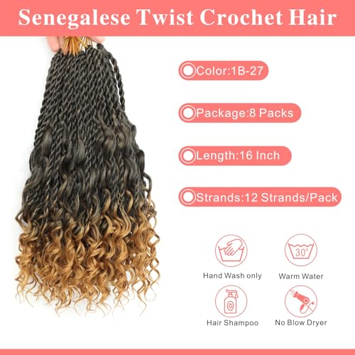 16 Inch Senegalese Twist Crochet Hair with Curly Ends - 8 Packs Boho Island Twist Crochet Hair Pre Looped Goddess Crochet Twist Hair for Black Women Braids Hair Extensions 1B/27