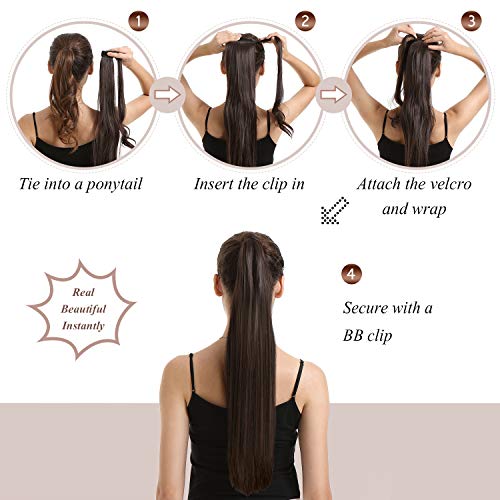 BARSDAR Straight Ponytail Extension - 24 Inch Long Straight Wrap Around Ponytail for Women Clip in Ponytail Extensions Synthetic Brown Pony Tails Hairpieces Daily - Darkest Brown mix Auburn
