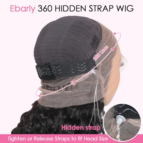 Hidden Strap 360 Glueless Lace Front Wigs Human Hair Pre Plucked Bleached Knots 180 Density Water Wave HD Lace Frontal Wig with Drawstring Curly Full LaceFront Wigs for Women(22 inch)