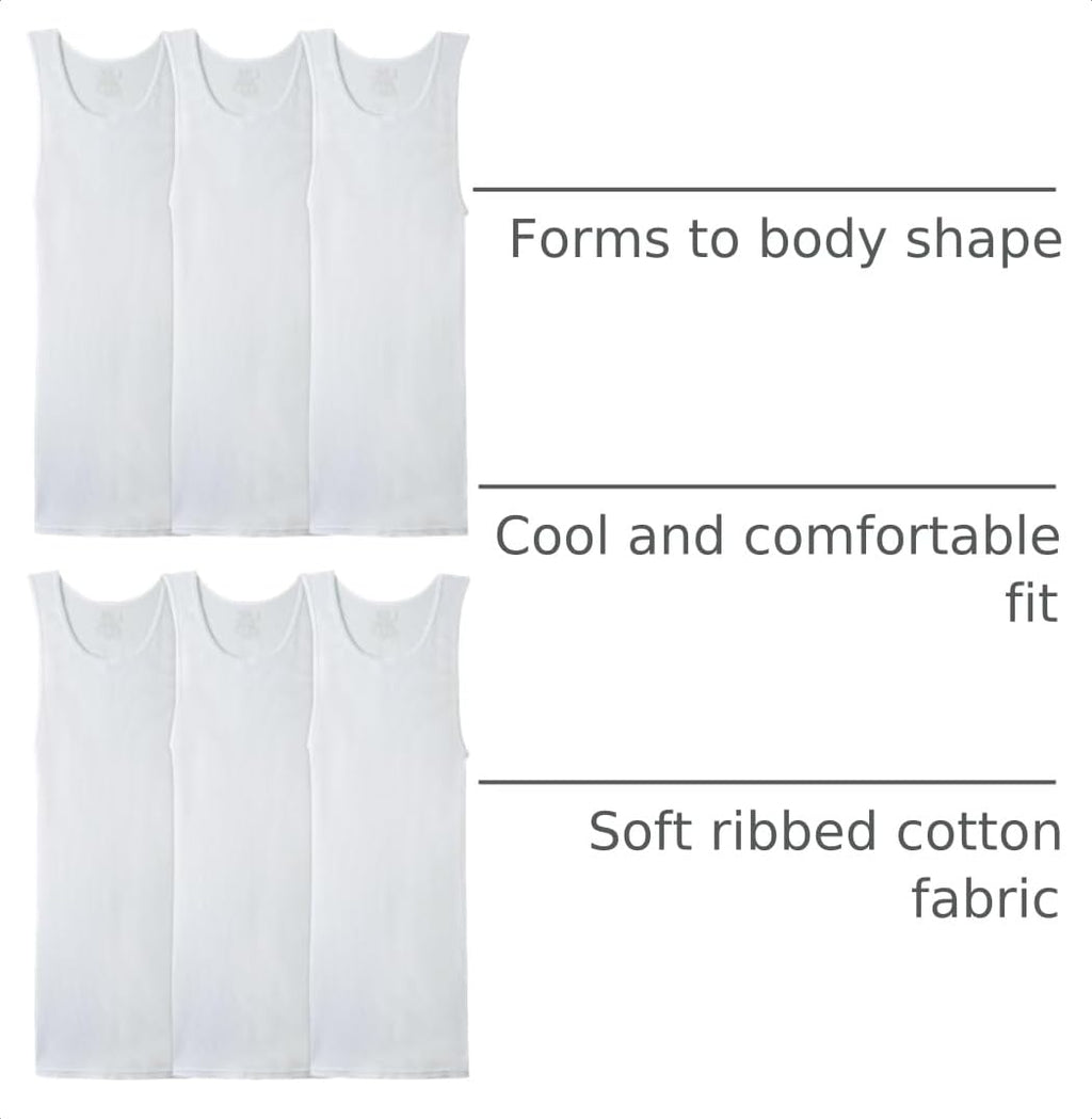 Fruit Of The Loom Mens Sleeveless Tank A-shirt, Tag Free & Moisture Wicking, Ribbed Stretch Fabric Underwear, 6 Pack - White, Medium US