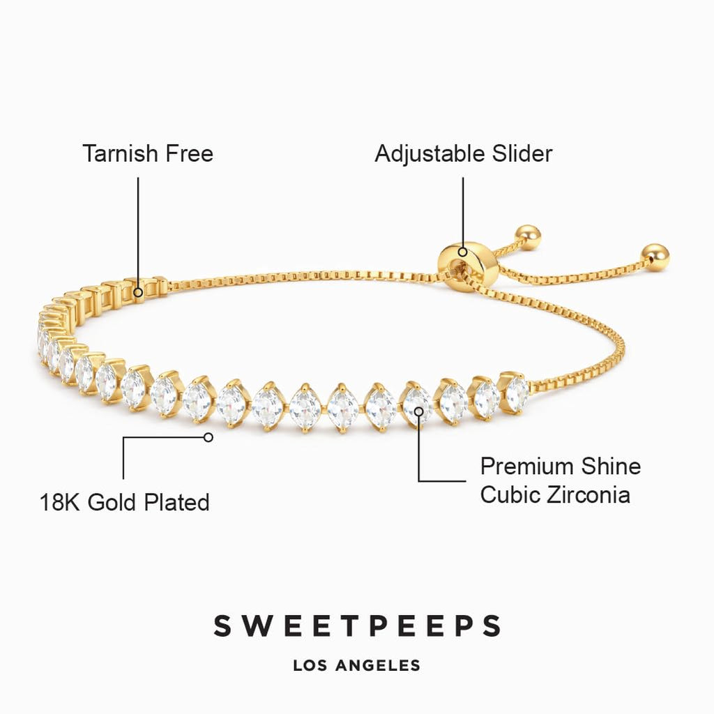 SWEET PEEPS 18K Gold Dipped CZ Tennis Bracelet for Women, Marquise Cut Cubic Zirconia Adjustable Bracelet, Dainty Gold Jewelry for Everyday Wear