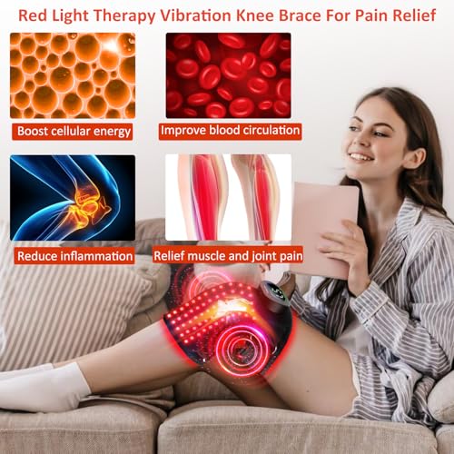 Red Light Therapy Knee Brace for Pain Relief, Vibration Knee Massager with Heat and Red Light Therapy, 660nm & 850nm Lights, Rechargeable Cordless Controller Near Infrared Light Therapy for Knee/Shoulder/Elbow