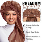3Pcs Bonnets for Black Women Braid Bonnet, Large Long Satin Bonnet for Braids, Black Women Satin Silk Bonnet with Stretchy Tie Band Sleep Bonnet Cap for Long Curly Hair (Green & Black Pattern & Brown)
