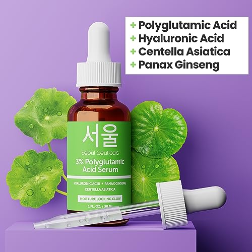 SeoulCeuticals Organic Polyglutamic Acid Serum - Korean Skin Care + Hyaluronic Acid + Centella Asiatica - K Beauty Anti Aging - Healthy Glowing Skin 1oz