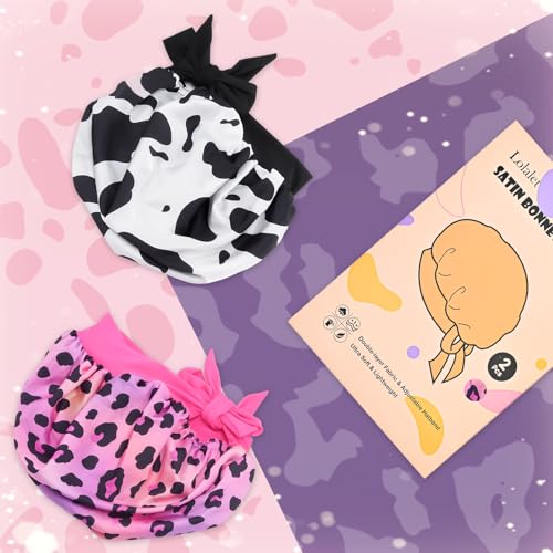 Lolalet 2 PCS Kids Bonnets for Girls, Reversible Silk Bonnet for Sleeping Satin Bonnet Cap with Wide Elastic Band -Cow & Leopard