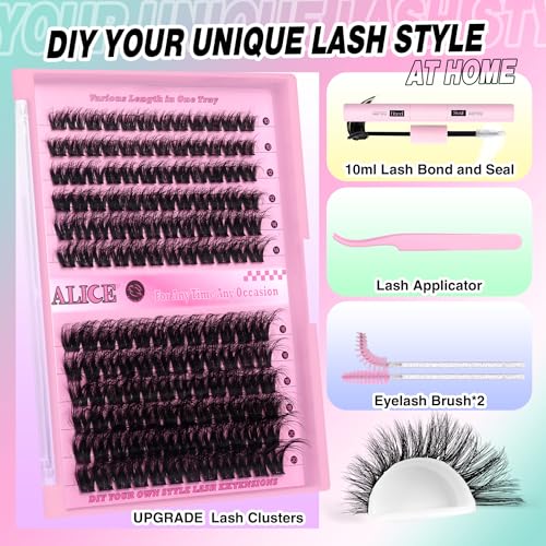 ALICE Lash Extension Kit Fluffy Volume Cluster Lashes Wispy 8-20MM D Curl Individual Lashes Eyelash Clusters Kit Lash Glue Bond and Seal Tweezers Diy Eyelash Extension Kit Self Application at Home