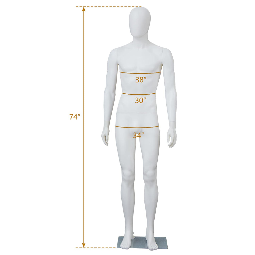 Kinfant 6Ft Male Mannequin Dress Form Display - Manikin Torso Stand Realistic Full Body Mannequin for Retail Clothing Shops, Halloween Christmas Cosplay, White