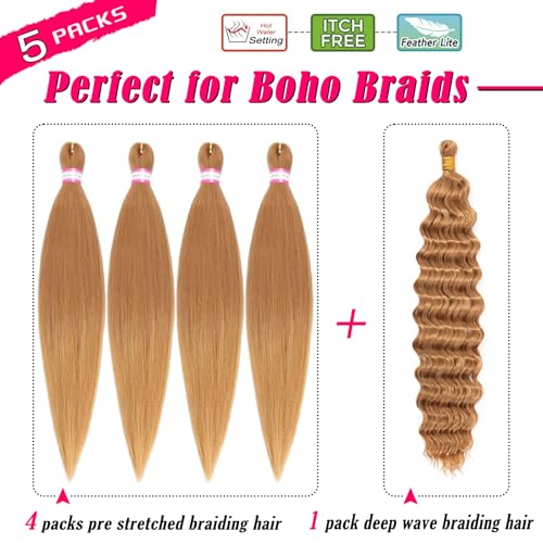 Dorsanee Honey Blonde Braiding Hair for Boho Braids 20 Inch 4 Packs Pre Stretched Braiding Hair and 18 Inch 1 Pack Deep Wave Crochet Boho Braids Synthetic Hair Extensions (27#)