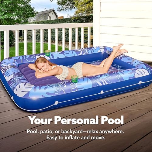 SLOOSH Inflatable Tanning Pool Lounger Float, 85" x 57" Extra Large Pool Floats Adult with Pillow, 4 in 1 Suntan Tub Raft Floatie,Sunbathing Bed Lounge for Water Blow Up Ball Pit, XL-Dark Blue