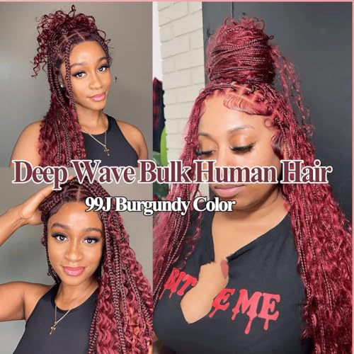 Human Hair Braiding Hair 12A Deep Wave Bulk Human Hair For Braiding 14 Inch 100g/2Bundles No Weft Human Braiding Hair Extensions 99J Burgundy Deep Wave Bulk Human Hair For Boho Braids
