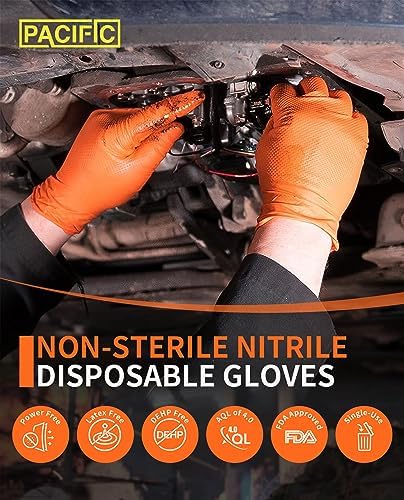 PACIFIC PPE Strength Nitrile Industrial Orange Gloves, 8 Mil, Diamond Texture Disposable Heavy-Duty, Powder Free, Medium, 100 Count