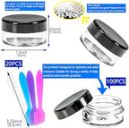 MotBach 100 Pcs 5g Empty Plastic Containers with Black Lids,Mini Makeup Sample Containers, Small Sample Pot Jars Round Cosmetic Jars with Mini Spatulas for Liquid Sample Powder Creams Lotions