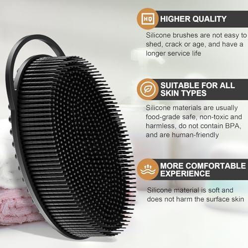 Metene 2 Pack Silicone Exfoliating Body Scrubber with Loop, Body Scrubber for Men and Women, Silicone Loofah for Shower, Soft Silicone Body Scrubber for Shower and Bath Skincare Routine(Black)