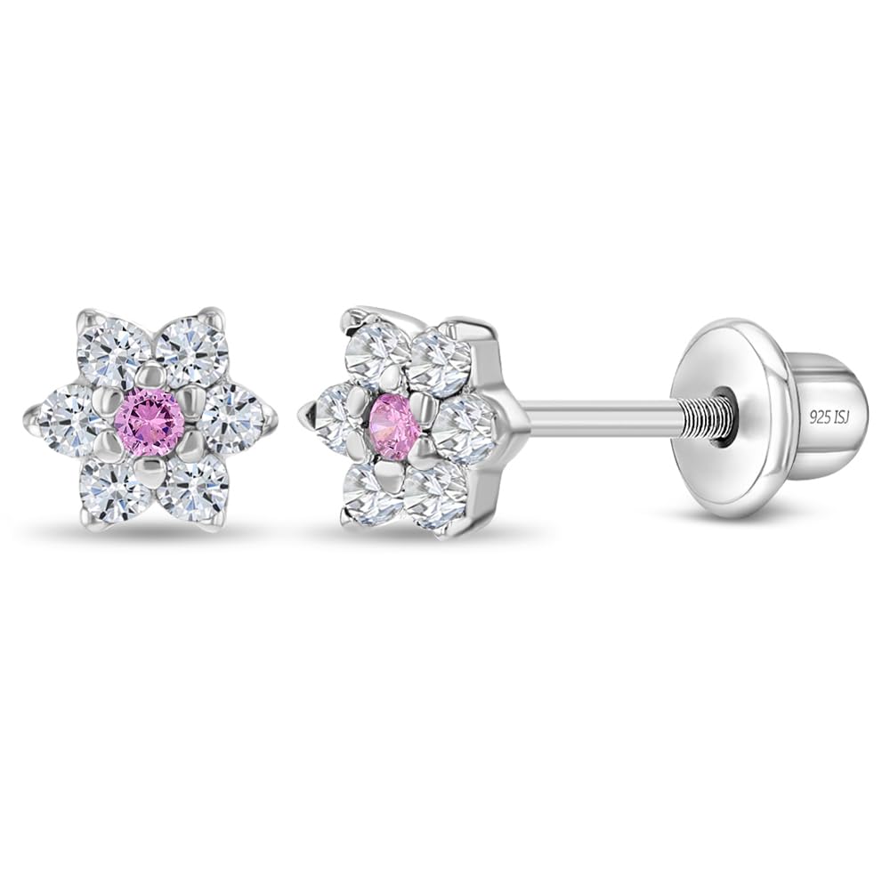 In Season Jewelry CZ Flower Kids Earrings - 925 Sterling Silver Hypoallergenic Earrings for Girls with Secure Screw Backs - Safe & Comfortable for Toddlers, Kids & Little Girls, Clear & Pink