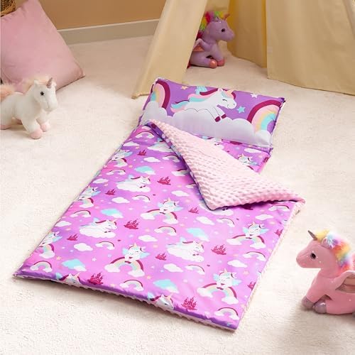 JOIEDOMI Toddler Nap Mat for Preschool 55''x30'' Sleeping Mat with Removable Pillow and Minky Blanket for Kids Ages 3-7 Roll Up Soft Kids Sleeping Bag for Boys Girls Kindergarten Daycare Sleepover