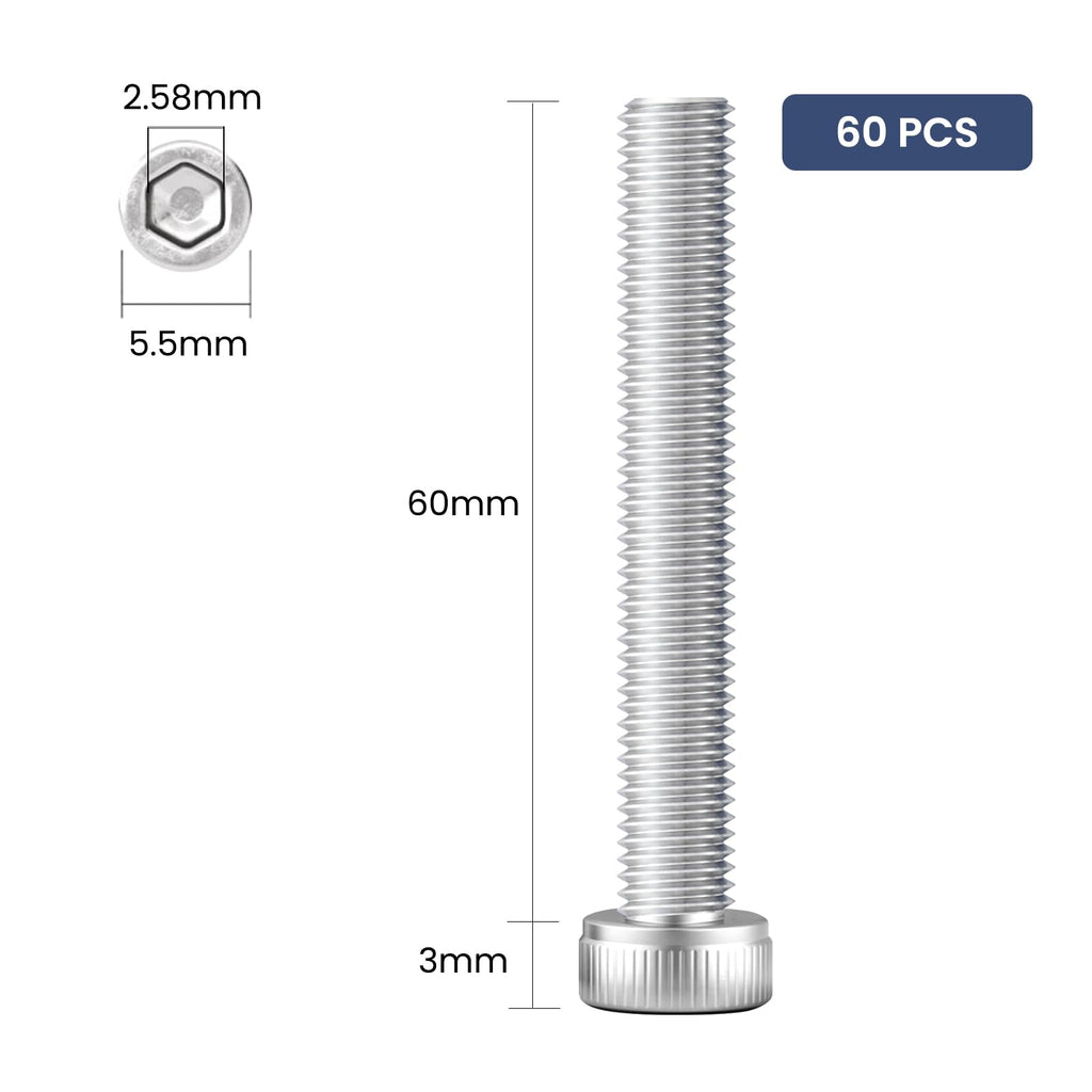 BNUOK 60pcs M3 x 60mm Hex Socket Head Cap Screws Bolts, 304 Stainless Steel 18-8, Allen Socket Drive,Bright Finish, Full Threads,with Hex Spanner