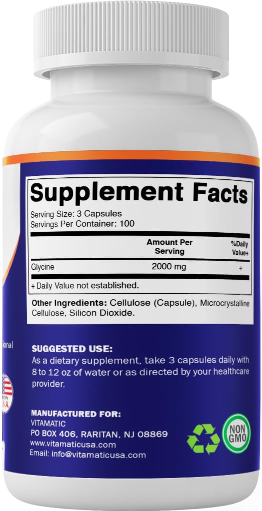 Vitamatic Glycine Supplement, 2000mg Per Serving, 300 Count, Non-GMO, Gluten Free- 2 Pack