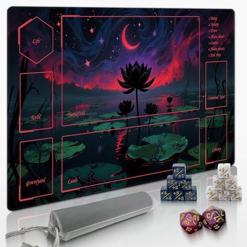 MTG Playmat TCG Playmat -Includes Storage Bag and 14 Dice-Experience Top-Tier Quality and Edge-Locking Waterproof and Non-Slip Mat! (playmat with, Lotus Flower)