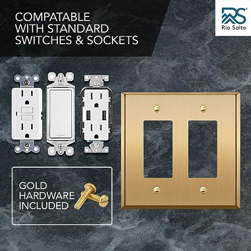 Rio Salto BRASS Metal Double Rocker Decora MIDSIZE Gold Double Light Switch Wall Plate Outlet Cover Wall Plate Receptacle Wallplate Dual Rocker Decora 2 Gang Decorator 4.92" x 4.92"