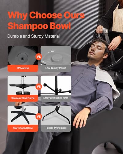 VEVOR Portable Shampoo Bowl, Deep Shampoo Sink for Washing Hair with Adjustable Height and Angle, Includes Drain Hose, Shower Head and Bucket, Portable Salon Sink for Barbershop Spa Center Use, Black