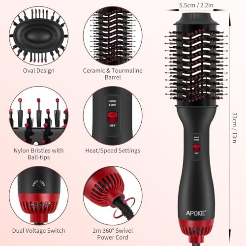 Dual Voltage Hair Dryer Brush with UK Plug Blow Dryer Brush for European Travel 110V-120V/220V-240V One Step Hot Air Brush and Styler Volumizer with Negative Ion Anti-frizz (Black+red)