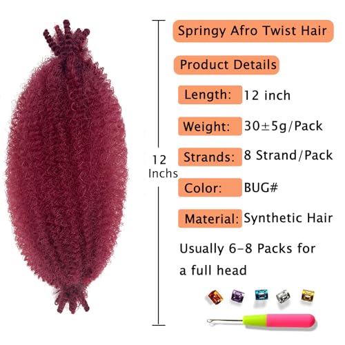 Marley Twist Braiding Hair, Pre-Separated Springy Afro Twist Hair Kinky Twist Crochet Hair Braids for Distressed Soft Locs Spring Twist Hair for Women (Bug#, 12 Inch(Pack of 8))
