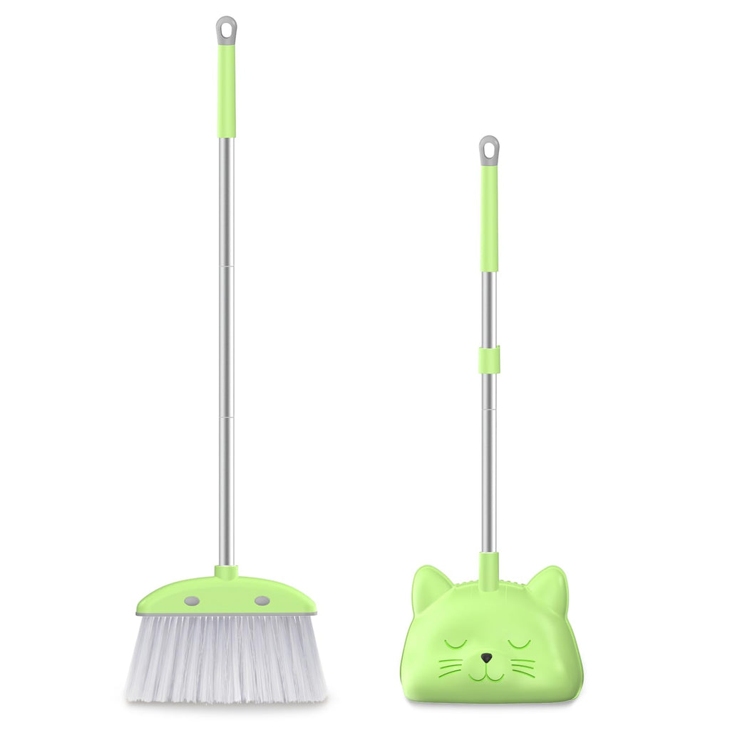 Mini Broom with Dustpan for Kids, 28-in Handle Kids Broom and Dustpan Set for Toddlers Cat-Shaped Children Broom and Cleaning Set Boys Girls Small Housekeeping Helper Set, Green