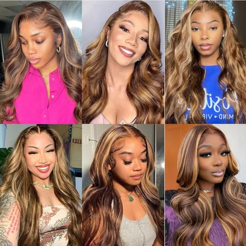 Aaliweya Highlight Lace Front Wigs Human Hair 4/27 Ombre 13x4 Body Wave Lace Frontal Wig for Women 180% Density Glueless Honey Blonde Wig Full and Thick Super Soft 26 inch