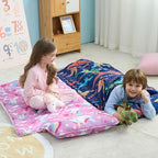 JOIEDOMI Toddler Nap Mat for Preschool 55''x30'' Sleeping Mat with Removable Pillow and Minky Blanket for Kids Ages 3-7 Roll Up Soft Kids Sleeping Bag for Boys Girls Kindergarten Daycare Sleepover