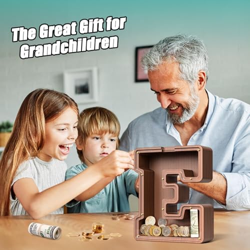 Summidate Wooden Letter Piggy Bank, Extra Thick Large Capacity Piggy Bank for Kids Boys Girls Toddler, Alphabet E Money Bank| Coin Box Birthday, Christmas, Festival