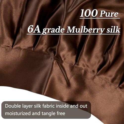 22 Momme 100% Mulberry Silk Sleep Cap for Women, Pure Mulberry Hair Bonnet, Anti-Frizz Head Wrap with Elastic Stay On Head, Dark Brown
