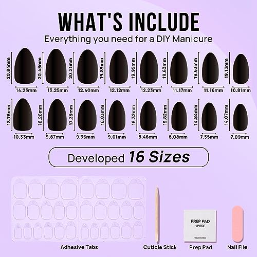 Black Press On Nails Almond - BTArtbox Short Press On Nails with Nail Glue, Fit Perfectly & Natural Reusable Stick On Nails in 16 Sizes - 30PCS Soft Gel Glue On Nails Kit, Black Velvet
