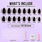 Black Press On Nails Almond - BTArtbox Short Press On Nails with Nail Glue, Fit Perfectly & Natural Reusable Stick On Nails in 16 Sizes - 30PCS Soft Gel Glue On Nails Kit, Black Velvet