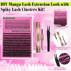 Yawamica Lash Clusters Kit with Spikes Manga Lash Extension Kit Fluffy Eyelash Clusters 10-16mm Cluster Eyelash Extensions 60D Individual Lashes 11-17mm Spiky Lashes with Bond and Seal Lash Tweezers