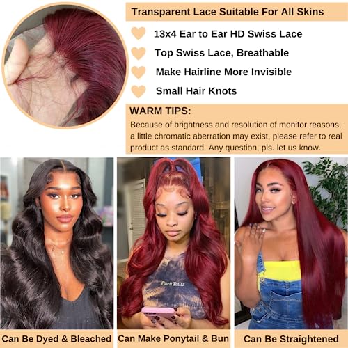 99j Burgundy Body Wave Lace Front Wigs Human Hair 180 Density 13x4 HD Transparent Lace Frontal Wigs Human Hair Glueless Wine Red Wigs Brazilian Virgin Human Hair Pre Plucked with Baby Hair
