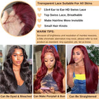 99j Burgundy Body Wave Lace Front Wigs Human Hair 180 Density 13x4 HD Transparent Lace Frontal Wigs Human Hair Glueless Wine Red Wigs Brazilian Virgin Human Hair Pre Plucked with Baby Hair