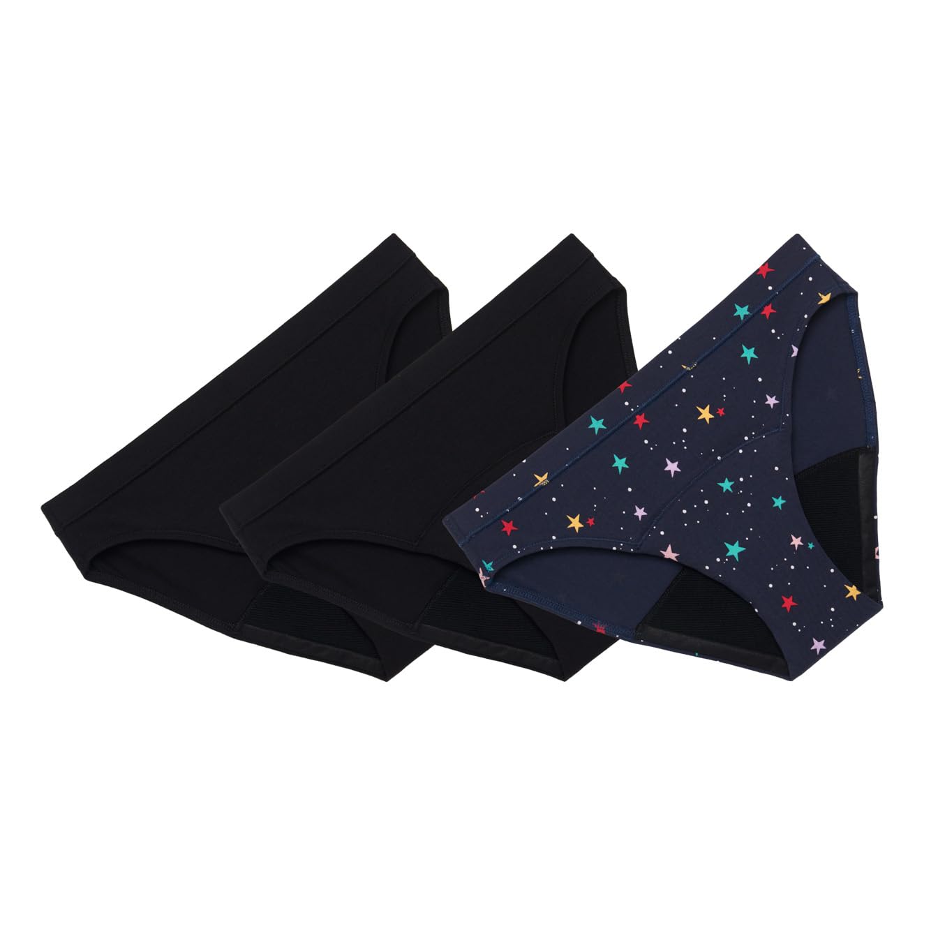 Thinx Teens Period Underwear, Brief-Style Period Panties, Holds Up to Regular 12 Tampons, Reusable & Controls Odor, 3-Pack - (1) Black, (1) Lucky Stars, (1) Violet, Size 11/12