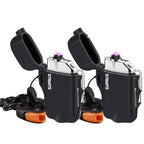 SUPRUS Waterproof 3 Modes of Flashlight Windproof Lighter Dual Arc Electric Rechargeable Dual Arc Plasma Lighters with Survival Emergency Whistle and Lanyard (Black,2 Packs)