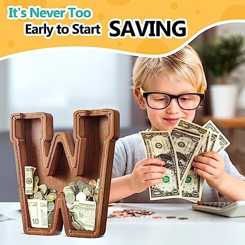 Summidate Customized Name Extra Large Wooden Piggy Bank for Kids Boys Girls Alphabets Letter A-Z Coins Bills Money Change Saving Box Clear Cover (Laser Engraved) Educational Toys 12"- Letter W