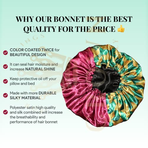Red 2 Side Pattern Bonnet - Silky Designer Satin Bonnet with Elastic Soft Band Silk Slayer Corps (Burgundy Gold)