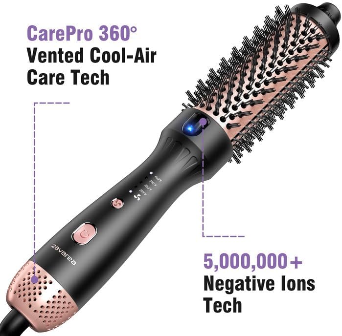 Thermal Brush for Blowout Look, Zavarea CarePro 1.5 Inch Negative Ion Thermal Brush with Cool-Air Tech, Easy to Make Hair Shinier & Smoother, 3-in-1 Heated Styler with Dual Voltage, Black
