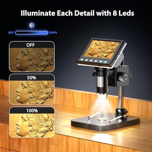 Hayve 4.3'' IPS Coin Microscope, 1000X Magnification Digital Microscope for Adults，Coin Collection Supplies with 8 Adjustable LEDs，Windows Compatible，32GB TF Card