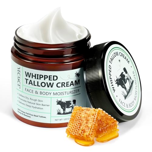 Beef Tallow for Skin, Whipped Tallow and Honey Balm for Face, Grass Fed & Organic Tallow Face Moisturizer Lip Balm, Deeply Moisturizing for Face & Body, 120g/4.2 oz