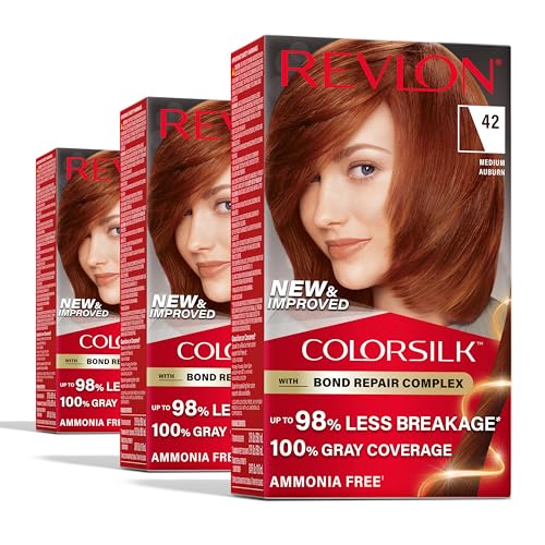 Revlon ColorSilk with Bond Repair Complex, Permanent Hair Color, 100% Gray Coverage, Ammonia Free Hair Dye, Vegan Keratin, 42 Medium Auburn (Pack of 3)