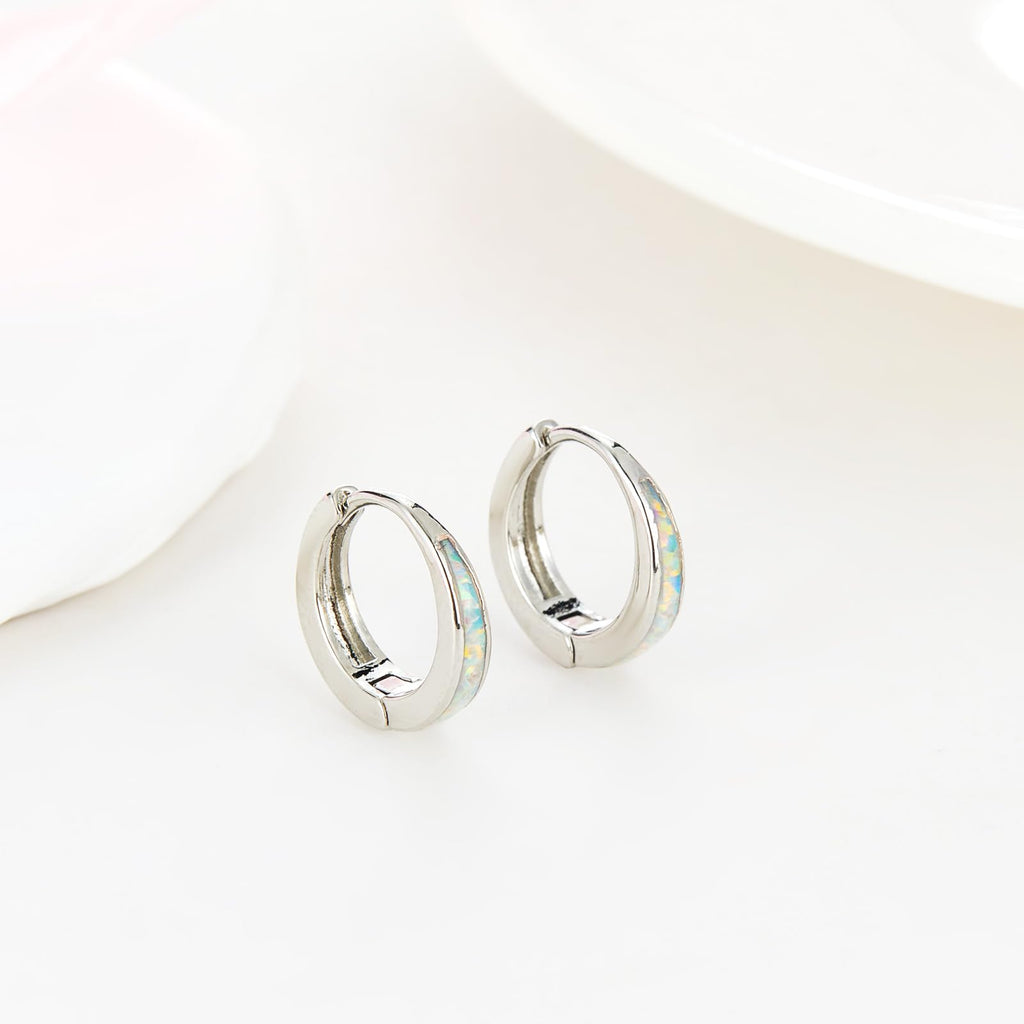 Silver Earrings for Women Trendy White Opal Huggie Earrings Small Silver Hoop Earring 14k Gold Plated Opal Jewelry Birthday Gifts for Women Mom Her