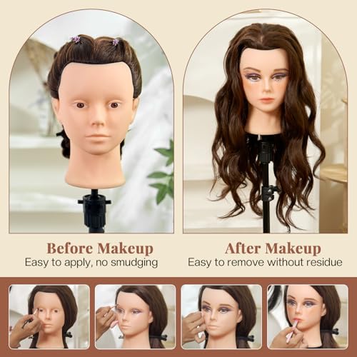 28Inch 60% Real Hair Makeup Mannequin Head, Cosmetology Mannequin Head with Hair for Makeup Braiding Curling Cuting,Makeup Doll Head for Hair Styling with Table Clamp Hair Styling Set(Dark Brown)